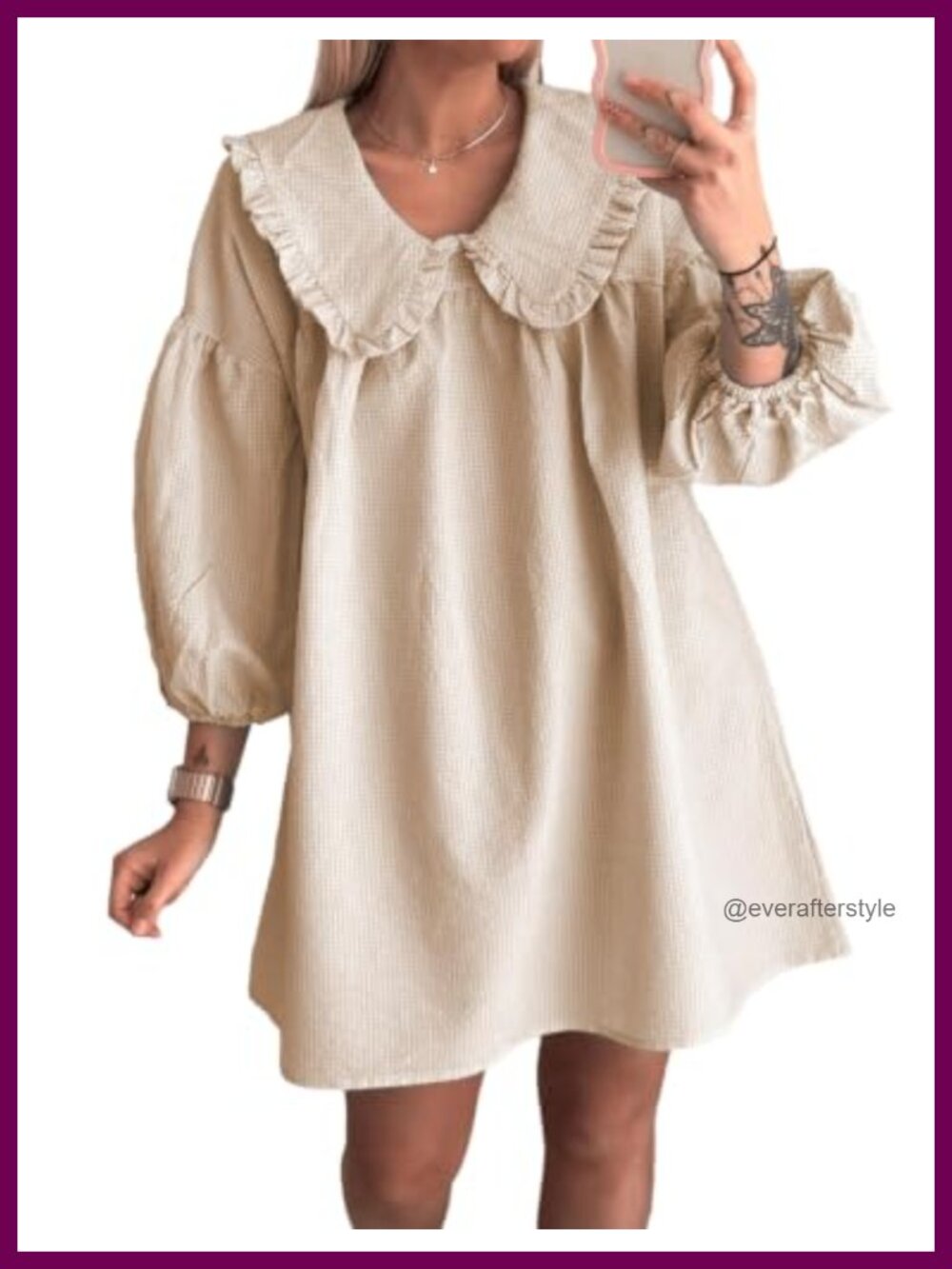 Women's Gingham Mini Dress 3/4 Puff Sleeve Babydoll Doll Collar